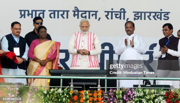 Prime Minister Narendra Modi launches a programme during the launches Ayushman Bharat-National Health Protection Scheme, at Prabhat Tara Ground, at...