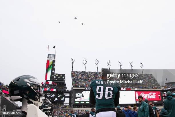 Defensive end Derek Barnett of the Philadelphia Eagles looks on as there is a military flyover before taking on the Indianapolis Colts at Lincoln...