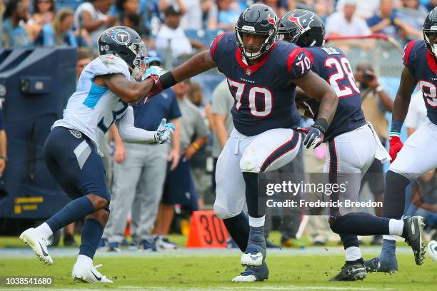 Julie'n Davenport of the Houston Texans plays against the Tennessee Titans at Nissan Stadium on September 16, 2018 in Nashville, Tennessee.