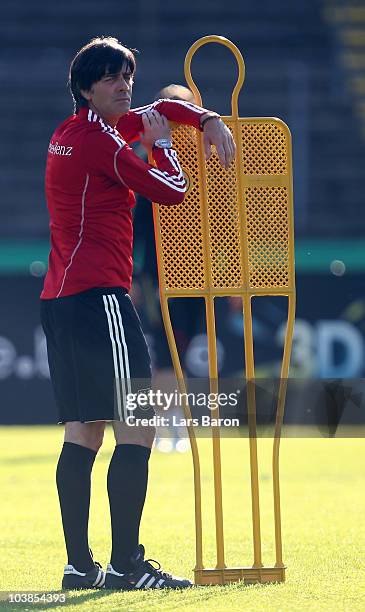 Head coach Joachim Loew looks on during the Germany training session at Suedstadion on September 5, 2010 in Cologne, Germany.