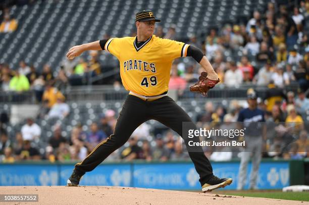 Nick Kingham of the Pittsburgh Pirates delivers a pitch in the first inning during the game against the Milwaukee Brewers at PNC Park on September...
