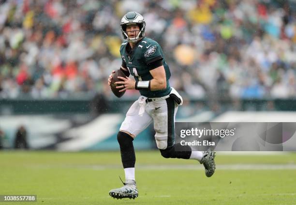 Quarterback Carson Wentz of the Philadelphia Eagles scrambles on a third down, but is unable to complete the pass against the Indianapolis Colts...