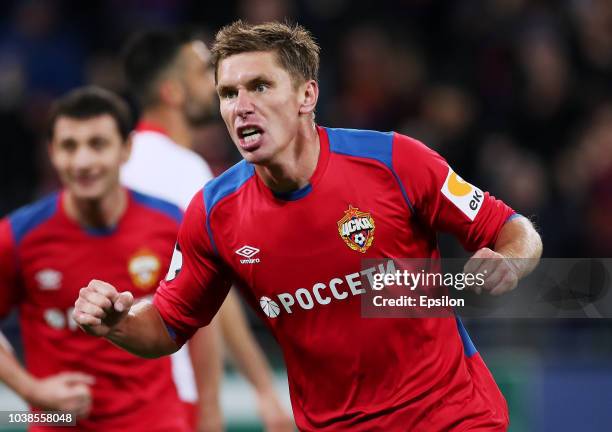 Kirill Nababkin of PFC CSKA Moscow celebrates a goal during the Russian Premier League match between PFC CSKA Moscow and FC Spartak Moscow at Arena...