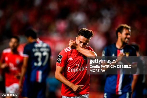 Benfica's Argentinian forward Franco Cervi celebrates a goal during the Portuguese league football match between SL Benfica and CD Aves at the Luz...