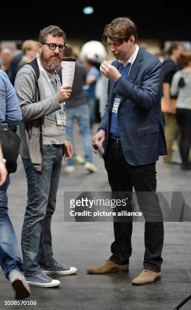 Chief editor of the German newspaper Bild Kai Diekmann and Xing founder Lars Hinrichs chat at the TechCrunch Disrupt technology conference in Berlin,...