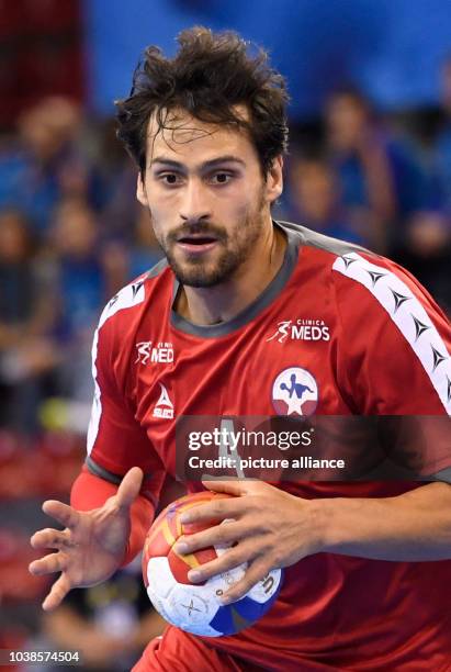 Chile's Erwin Feuchtmann in action in the men's handball World Cup fixture between Belarus and Chile in the Kind Arena in Rouen, France, 13 January...