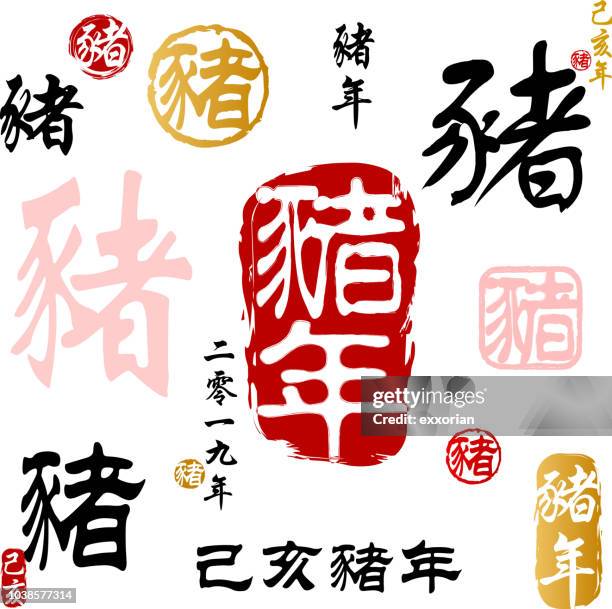 traditional chinese year of the pig calligraphy 2019 - year of the pig stock illustrations