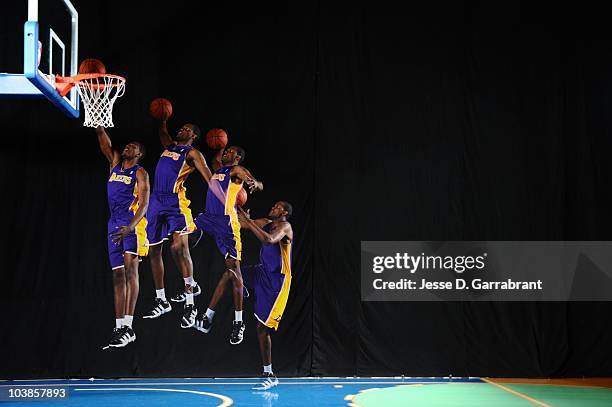 Does mock action shots during the 2010 NBA rookie photo shoot on August 17, 2010 at the MSG Training Facility in Tarrytown, New York. NOTE TO USER:...