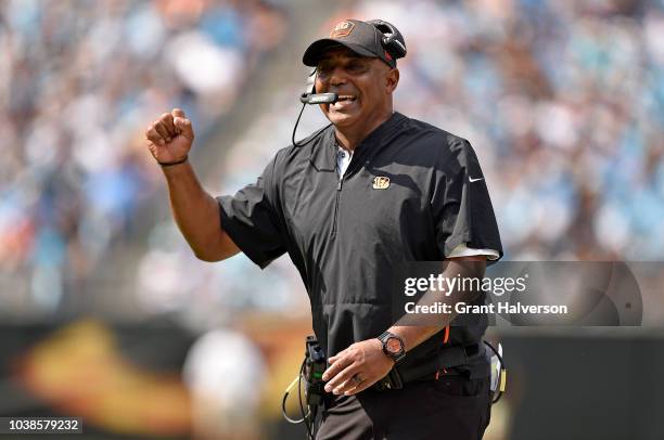 Head coach Marvin Lewis of the Cincinnati Bengals reacts against the Carolina Panthers in the third quarter during their game at Bank of America...