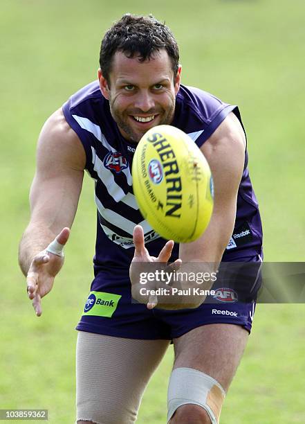 Antoni Grover marks the ball during a Fremantle Dockers AFL training session at Fremantle Oval on September 6, 2010 in Fremantle, Australia.