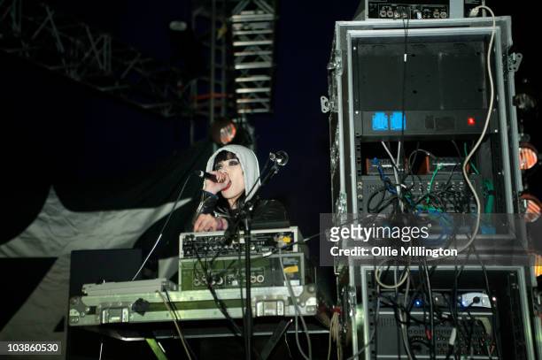 Nic Endo of Atari Teenage Riot performs on the main stage stage during the second and last day of Offset Festival at Hainault Country Park on...