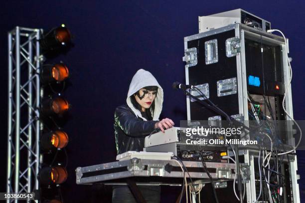 Nic Endo of Atari Teenage Riot performs on the main stage stage during the second and last day of Offset Festival at Hainault Country Park on...