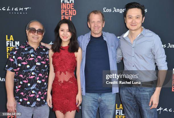 Raymond Ma, Coco Xie, Paul Lieberstein, and Paul Kwo attend the screening of "Song of Back and Neck" during the 2018 LA Film Festival at ArcLight...