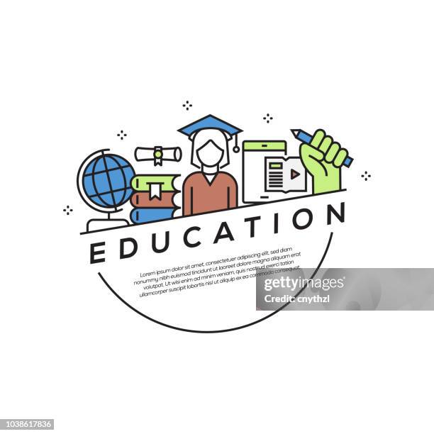 education concept flat line icons banner - e learning logo stock illustrations