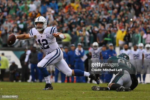 Defensive end Derek Barnett of the Philadelphia Eagles sacks quarterback Andrew Luck of the Indianapolis Colts in the final minutes of the fourth...