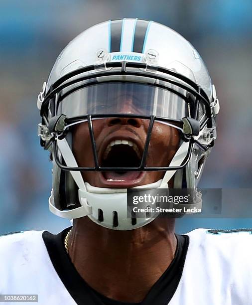 Cam Newton of the Carolina Panthers reacts after their 31-21 victory over the Cincinnati Bengals at Bank of America Stadium on September 23, 2018 in...