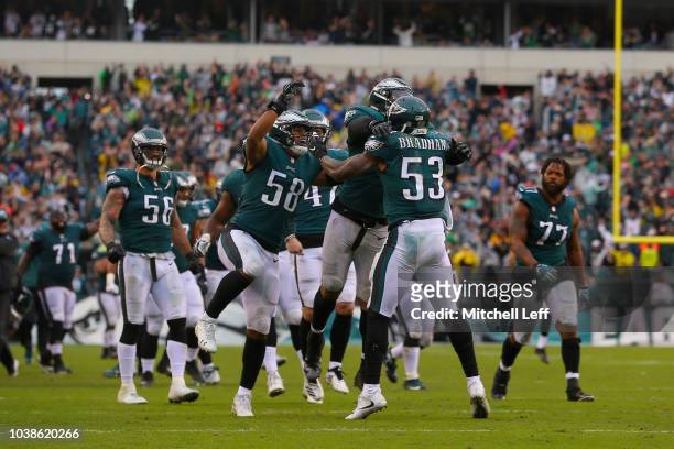 Defensive end Derek Barnett of the Philadelphia Eagles celebrates his sack on fourth and goal in the final minutes of the game against the...