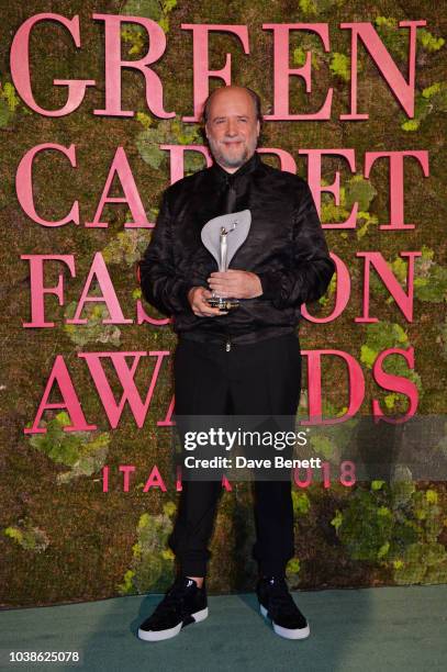 Luigi Bonotto, winner of the Sustainable Producer Award, poses backstage at The Green Carpet Fashion Awards Italia 2018 at Teatro Alla Scala on...