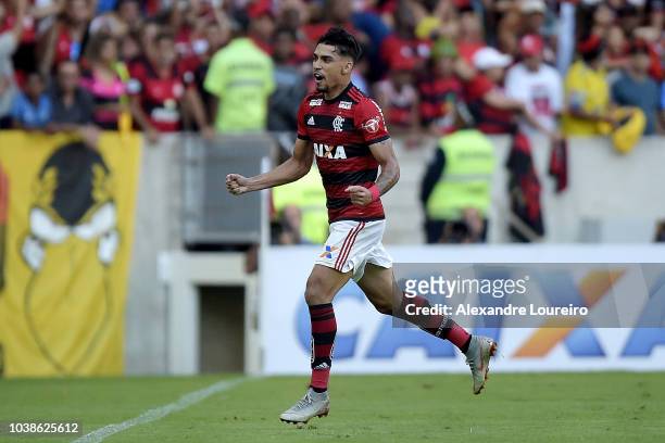 Lucas Paqueta of Flamengo celebrates their first scored goal during the match between Flamengo and Atletico-MG as part of Brasileirao Series A 2018...