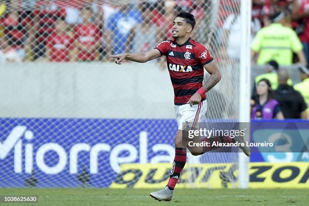 Lucas Paqueta of Flamengo celebrates their first scored goal during the match between Flamengo and Atletico-MG as part of Brasileirao Series A 2018...