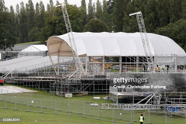 The stage and security fence are erected at Cofton Park in preparation for the visit of Pope Benedict XVI on September 6, 2010 in Birmingham,...