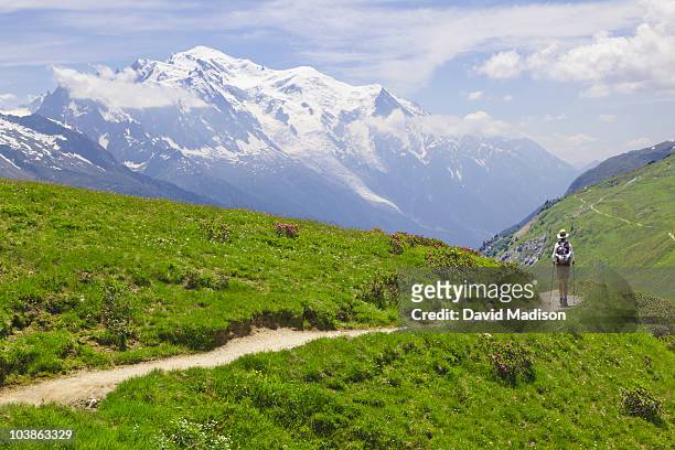 hiker near col du balme, mont blanc in background. - mont blanc massiv stock-fotos und bilder