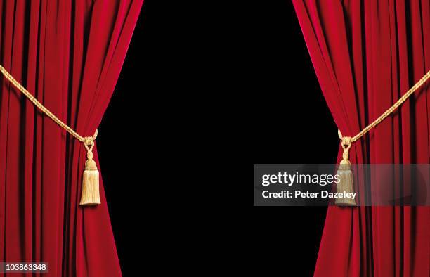 red velvet curtains with black copy space - red curtain stock pictures, royalty-free photos & images