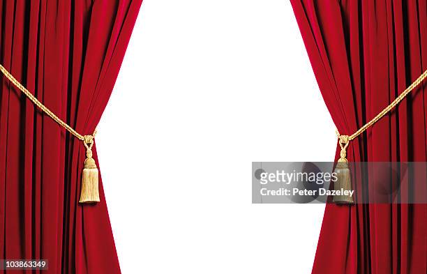 red velvet curtains with white copy space - drapery stock pictures, royalty-free photos & images