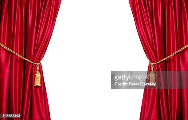 red stain theatre curtains with white copy space - theater stock-fotos und bilder