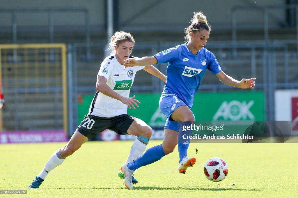 Simone Engelhardt Anne Fuehner of TSG Hoffenheim challenges Bianca Schmidt of 1.FFC ...