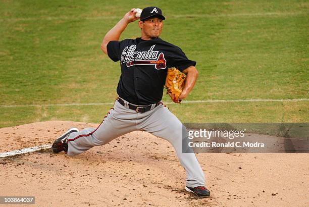 Pitcher Kenshin Kawakami of the Atlanta Braves pitches during a MLB game against the Florida Marlins at Sun Life Stadium on September 3, 2010 in...