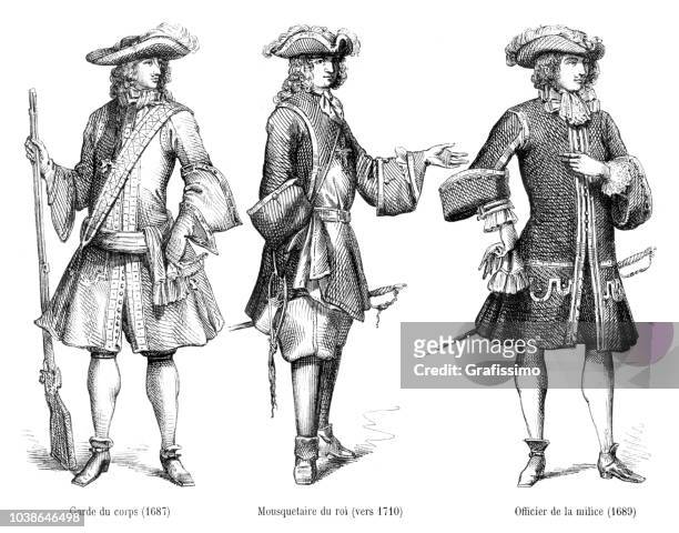 uniformen der verschiedenen offizier im 17. jahrhundert mit beschreibung in französisch - musketiere stock-grafiken, -clipart, -cartoons und -symbole