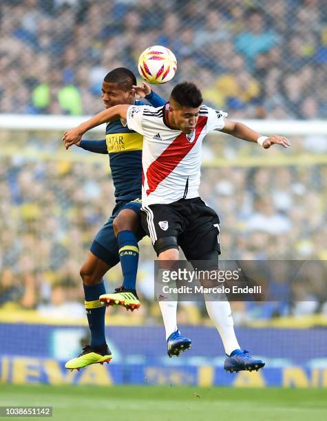 Wilmar Barrios of Boca Juniors fights for the ball with Exequiel Palacios of River Plate during a match between Boca Juniors and River Plate as part...