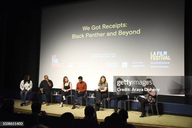 Leah Daniels-Butler, Marc Bernardin, Kay Cannon, Kumail Nanjiani, Emily V. Gordon, Franklin Leonard and Kate Hagen attend the 2018 LA Film Festival -...