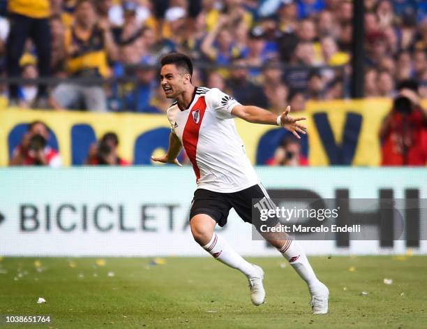 Gonzalo Martinez of River Plate celebrates after scoring the first goal of his team during a match between Boca Juniors and River Plate as part of...