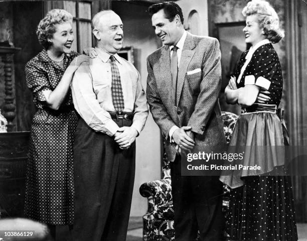 From left to right, Vivian Vance, William Frawley, Desi Arnaz and Lucille Ball on the popular television series 'I Love Lucy', circa 1955.