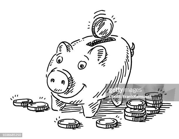 piggy bank geld münzen zeichnung - sparschwein stock-grafiken, -clipart, -cartoons und -symbole