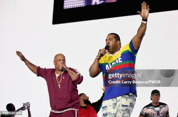Spliff Star and Busta Rhymes perform onstage during the 'On The Run II' Tour at Rose Bowl on September 22, 2018 in Pasadena, California.