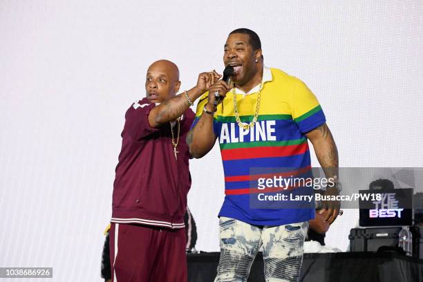 Spliff Star and Busta Rhymes perform onstage during the 'On The Run II' Tour at Rose Bowl on September 22, 2018 in Pasadena, California.