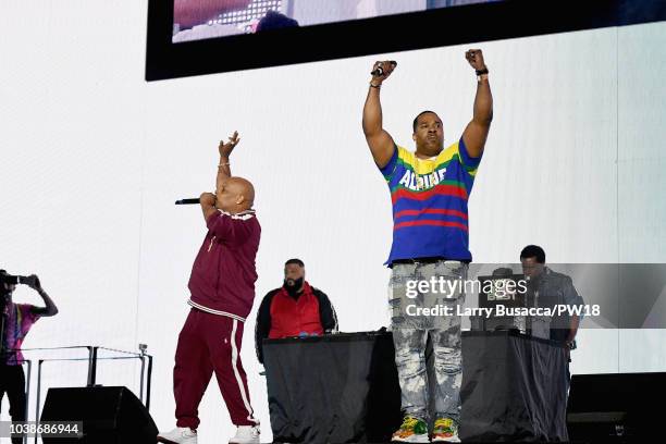 Spliff Star and Busta Rhymes perform onstage during the 'On The Run II' Tour at Rose Bowl on September 22, 2018 in Pasadena, California.