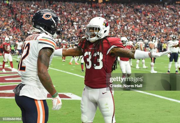 Tre Boston of the Arizona Cardinals gestures after an incomplete pass to Allen Robinson II of the Chicago Bears during the first half at State Farm...