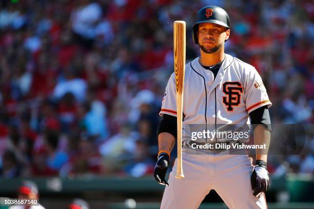 Gregor Blanco of the San Francisco Giants reacts after striking out against the St. Louis Cardinals in the sixth inning at Busch Stadium on September...