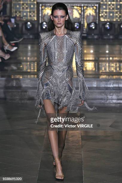 Model walks the runway at the Julien Macdonald Ready to Wear Spring/Summer 2019 fashion show during London Fashion Week September 2018 on September...