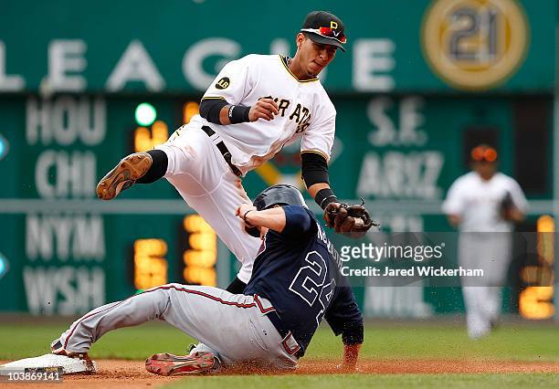 Nate McLouth of the Atlanta Braves slides safely into second base in front of Ronny Cedeno of the Pittsburgh Pirates during the game on September 6,...