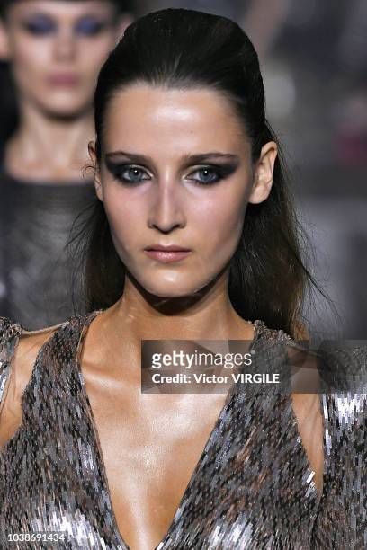 Model walks the runway at the Julien Macdonald Ready to Wear Spring/Summer 2019 fashion show during London Fashion Week September 2018 on September...