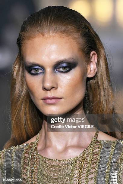 Model walks the runway at the Julien Macdonald Ready to Wear Spring/Summer 2019 fashion show during London Fashion Week September 2018 on September...