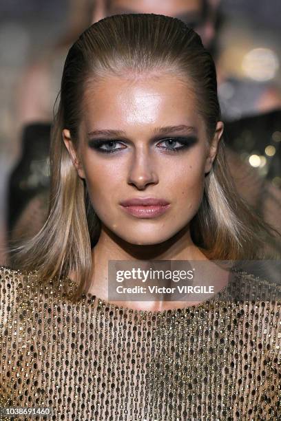 Model walks the runway at the Julien Macdonald Ready to Wear Spring/Summer 2019 fashion show during London Fashion Week September 2018 on September...