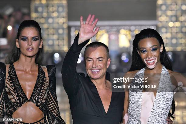 Alessandra Ambrosio, fashion designer Julien MacDonald and Winnie Harlow walk the runway at the Julien Macdonald Ready to Wear Spring/Summer 2019...