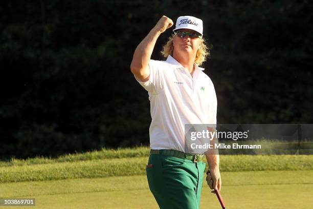 Charley Hoffman reacts on the 18th hole during the final round of the Deutsche Bank Championship at TPC Boston on September 6, 2010 in Norton,...