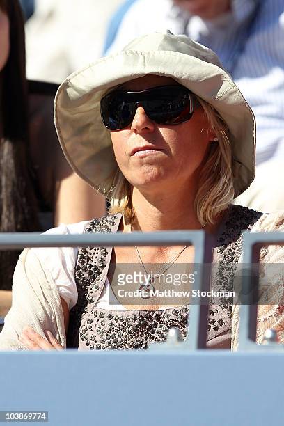 Anna Wozniacki, mother of Caroline Wozniacki, watches the women's singles match between Caroline Wozniacki of Denmark and Maria Sharapova of Russa on...
